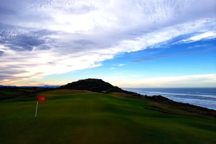 A green below a gorse covered headland with the Pacific beyond.
